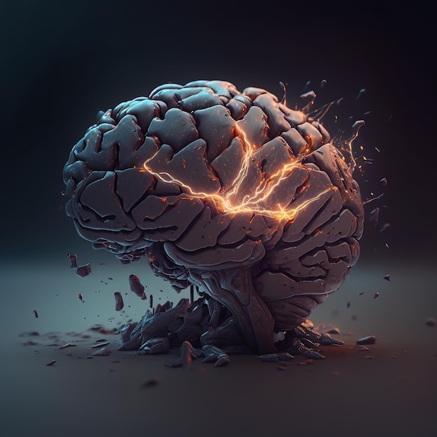 Arte conceptual de un cerebro humano explotando con conocimiento y creatividad La fuerza de la explosión dispersó copos de oro Generativo Ai