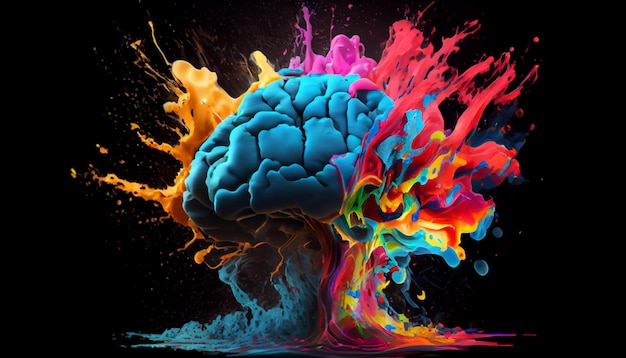 Arte conceptual de un cerebro humano que explota con conocimiento y creatividad generativa ai