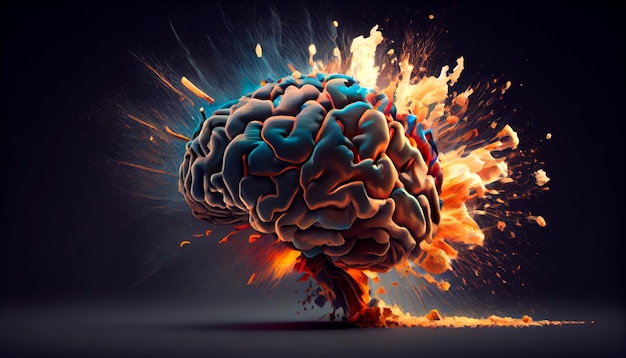 Arte conceptual de un cerebro humano que explota con conocimiento y creatividad generativa ai