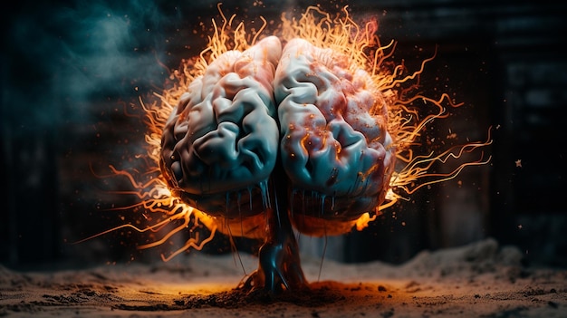 Arte conceptual de un cerebro humano que explota con conocimiento y creatividad generativa ai