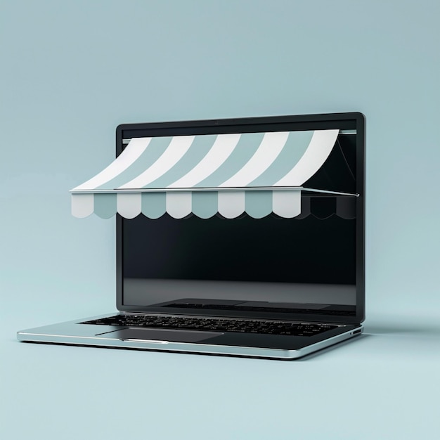Arte conceptual de comercio electrónico Ilustración de una tienda moderna que sale de una computadora portátil