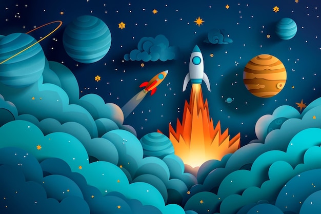 Arte conceptual de exploración espacial colorido con planetas y estrellas de lanzamiento de cohetes en un azul oscuro