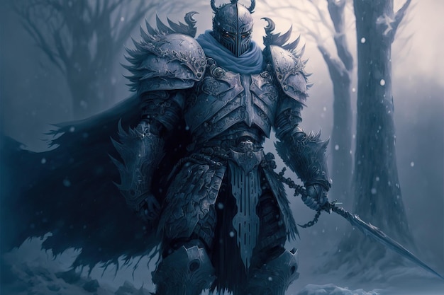 Arte conceptual de fantasía de un caballero oscuro de hielo sosteniendo una espada en armadura Fondo oscuro de invierno