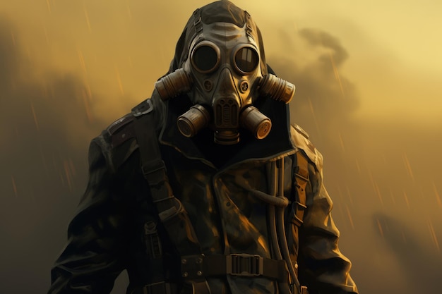 Arte conceptual de un militar fuerte con una IA generativa con máscara de gas