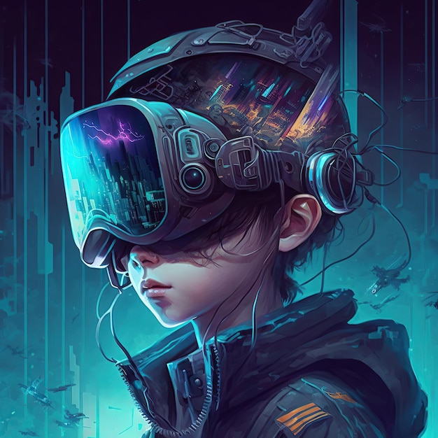 Arte conceptual de un niño futurista conectado a las gafas metaverse oculus que viven en un dispositivo de imágenes mentales del ciberespacio de realidad digital virtual generado por Ai