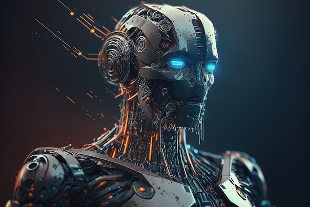 Arte conceptual que muestra robots futuristas con sistemas de inteligencia artificial iluminados