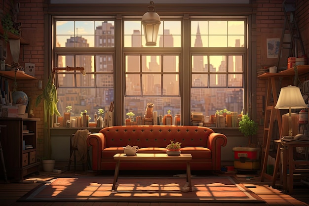 Arte conceptual que representa el interior de la sala de estar de un apartamento en la ciudad de Nueva York