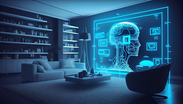 Un arte conceptual de una tecnología inteligente de inteligencia artificial holográfica digital en una casa