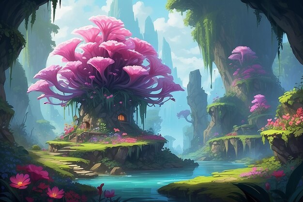 El arte conceptual del videojuego del Reino Mágico con flores de panal