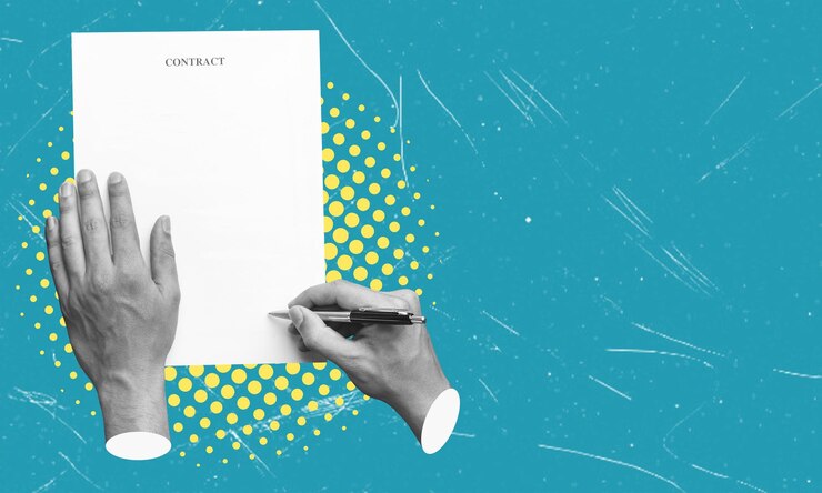 Foto arte contemporânea colagem mão com uma folha e assinar um contrato de compra uma venda ou fazer um contrato