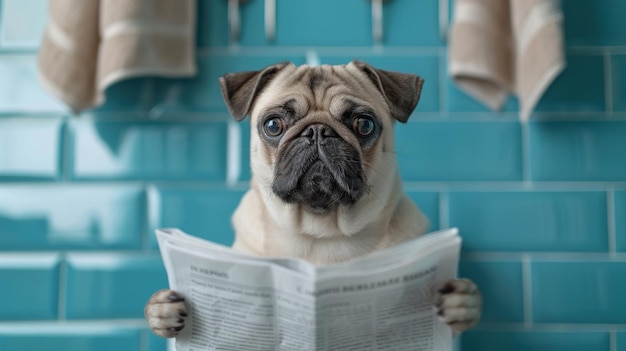 Arte contemporânea de pug no banheiro com jornal