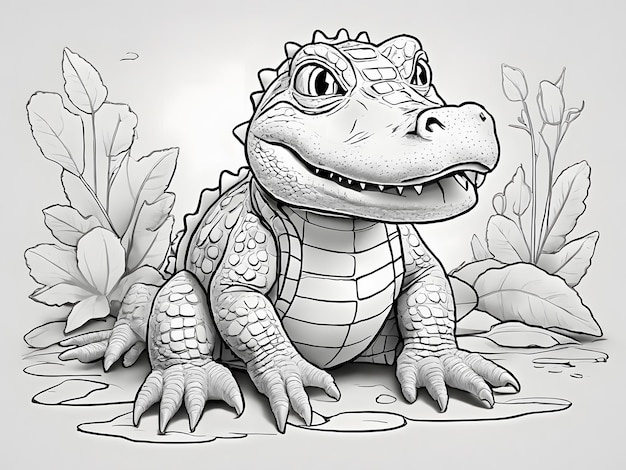 Foto arte de contorno en blanco y negro para lindas páginas de libros para colorear para niños, aligator, todo blanco