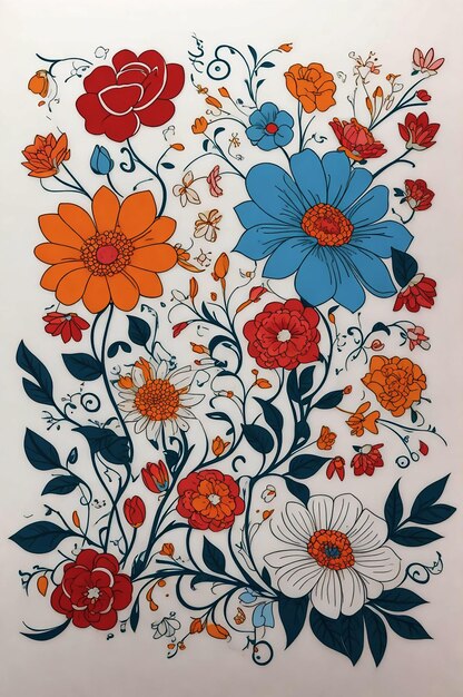 Arte de contorno delgado de un patrón de flores ilustradas de vector de color lindo sobre fondo blanco