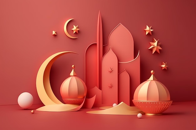 Un arte cortado en papel de una mezquita y la luna y las estrellas.