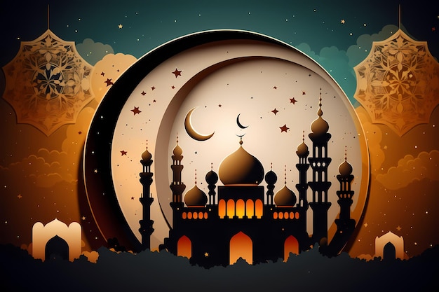 Un arte cortado en papel de una mezquita con una luna y estrellas.