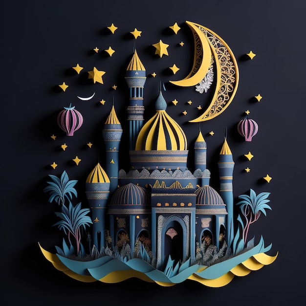 Arte cortado en papel de una mezquita con luna y estrellas.