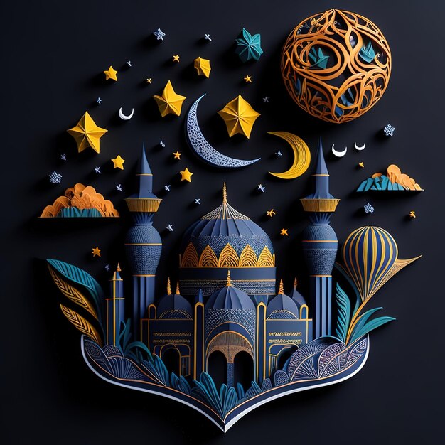 Arte cortado en papel de una mezquita con luna y estrellas.