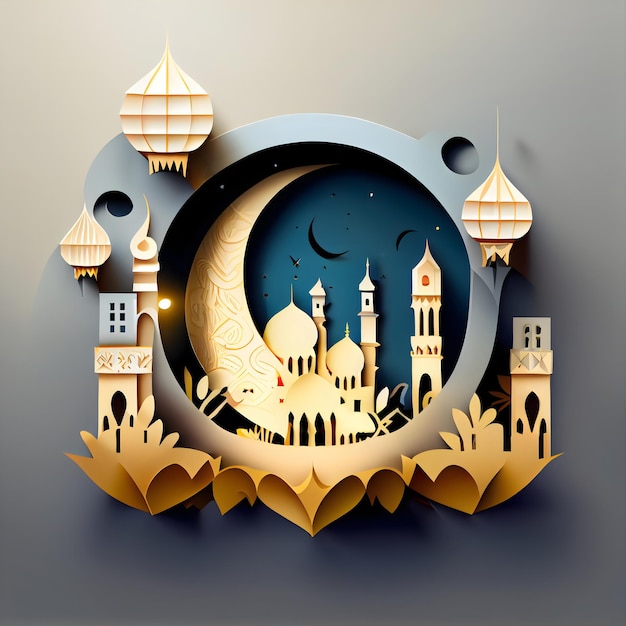 Arte cortado en papel de una mezquita y luna con una luna en el fondo.