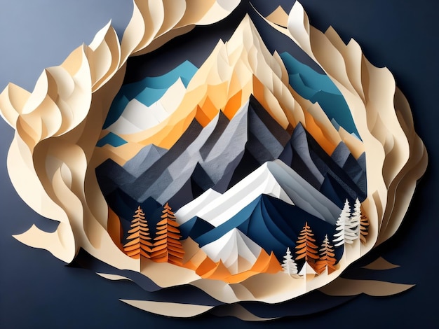 Arte cortado en papel de un paisaje montañoso con árboles y montañas.