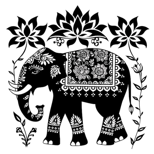 Foto arte de corte cnc de elefante con flores de loto y motivos indios para tatuajes de camiseta d impresión de arte diseño de tinta