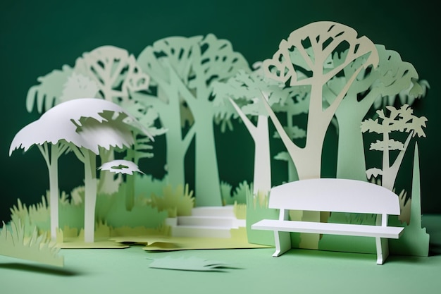 Arte de corte de papel modelo 3D de parque y árbol con color verde