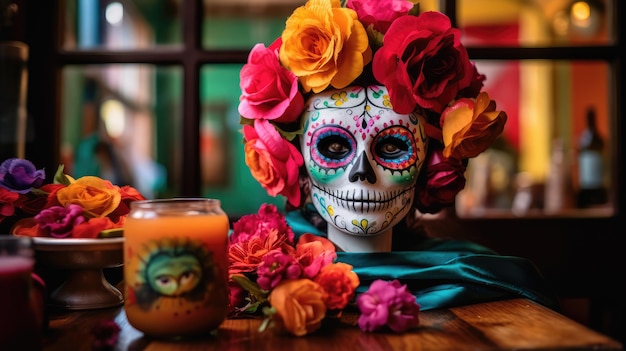 Arte de cráneo pintado con diseños mexicanos con flores coloridas que celebran el Día de los Muertos