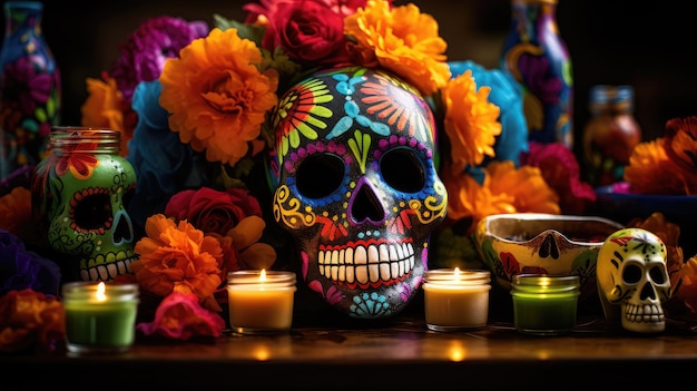 Arte de cráneo pintado con diseños mexicanos con flores coloridas que celebran el Día de los Muertos