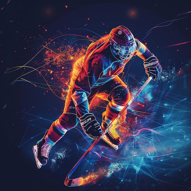 Arte creativo de fuego con un jugador de hockey sobre hielo