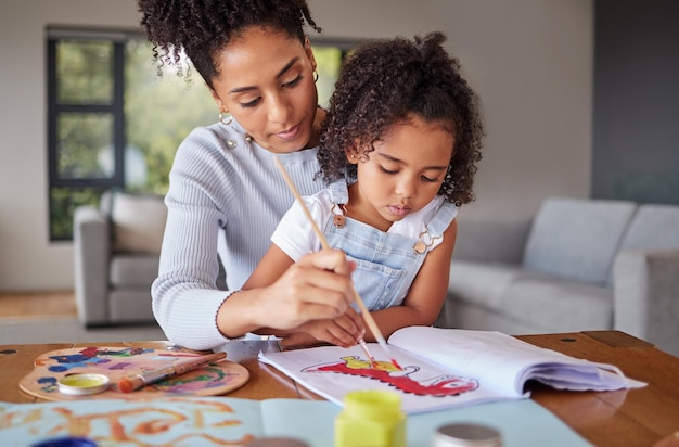 Foto arte criativa e pintura com mãe e filha na sala de estar para educação amor e família aprendendo o jardim de infância e feliz com o brasil mãe e filho com tinta e cor em papel para desenho