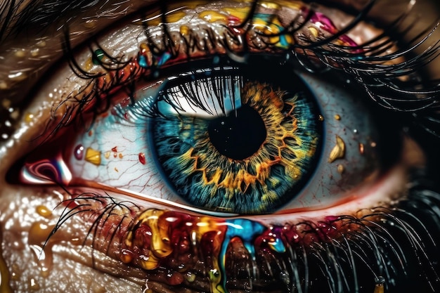 Arte criativa para o festival de Holi com explosão de pó colorido no olho da mulher