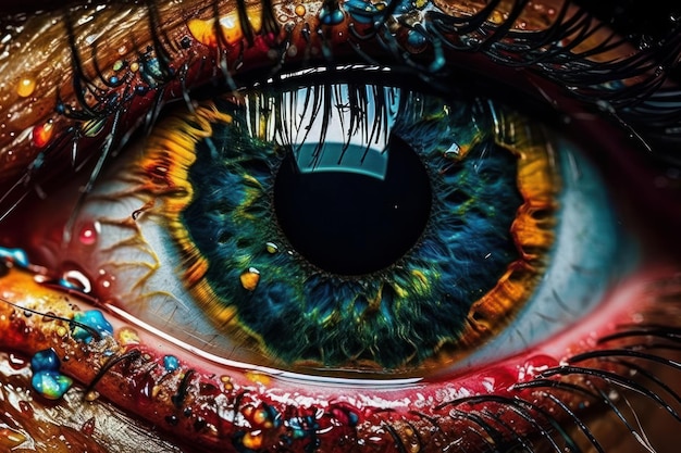 Arte criativa para o festival de Holi com explosão de pó colorido no olho da mulher