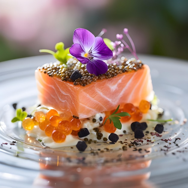 Arte culinária Plato de luxo moderno de salmão fumado adornado com flores comestíveis e caviar