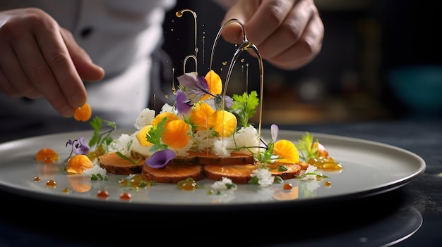 Foto el arte culinario en exhibición como un chef hábilmente platos una obra maestra a base de verduras