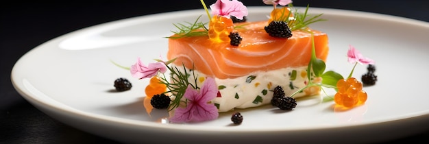 Arte culinario Plato de lujo moderno de salmón ahumado adornado con flores comestibles y caviar