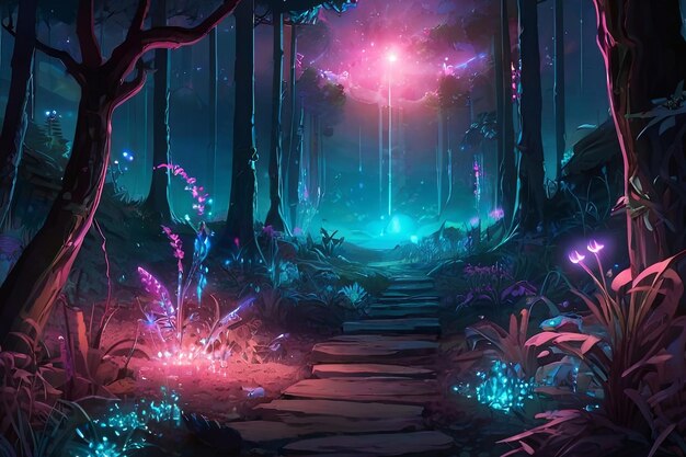 Arte da floresta de fantasia encantadora Plantas bioluminescentes cristais brilhantes vaga-lumes Pandora como plano