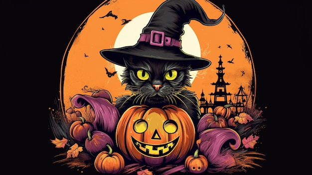 Arte da ilustração do gato e da abóbora de Halloween