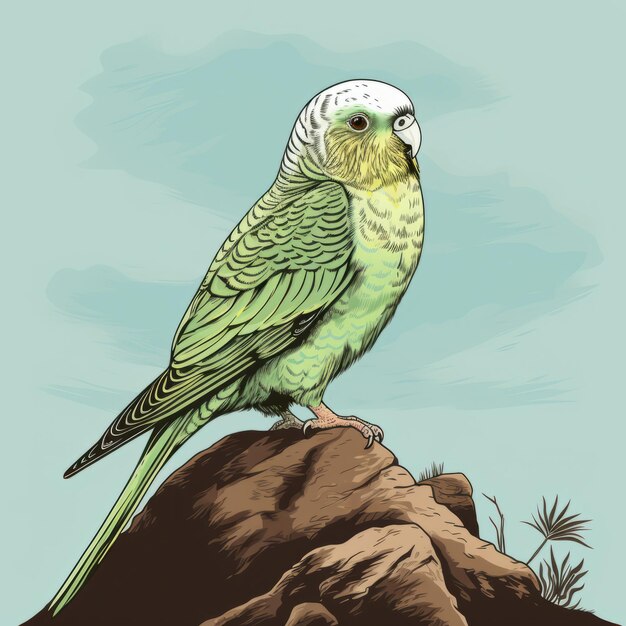 Foto arte da linha de budgerigar em pé no musgo