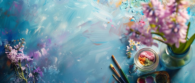 Arte da Primavera Aquarela e Flores Flat Lay