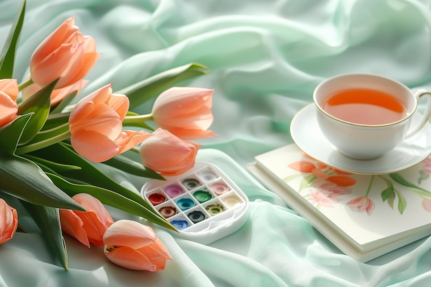 Arte da Primavera e Tea Flat Lay