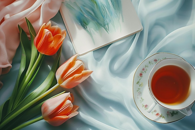 Arte da Primavera e Tea Flat Lay