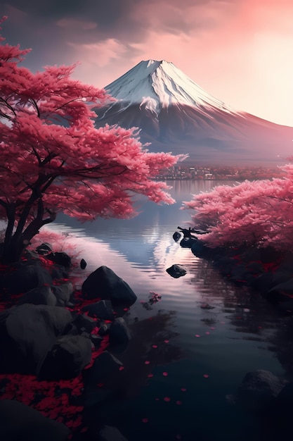 arte das montanhas fuji no japão folhas de sakura rosa na natureza gerada ai