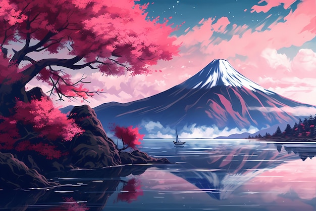 arte das montanhas fuji no japão folhas de sakura rosa na natureza gerada ai