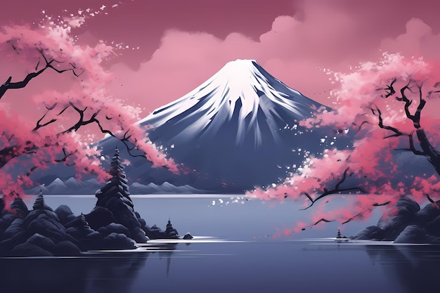 arte das montanhas fuji no japão folhas de sakura rosa na natureza gerada ai