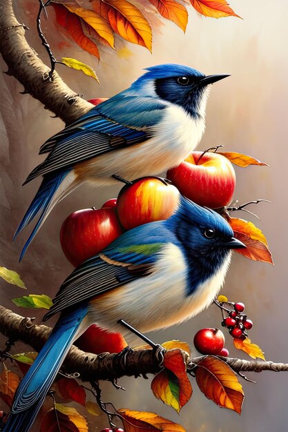 arte de aaron horkey poster épico floresta ramo de maçã belo pássaro comendo frutas aquarela