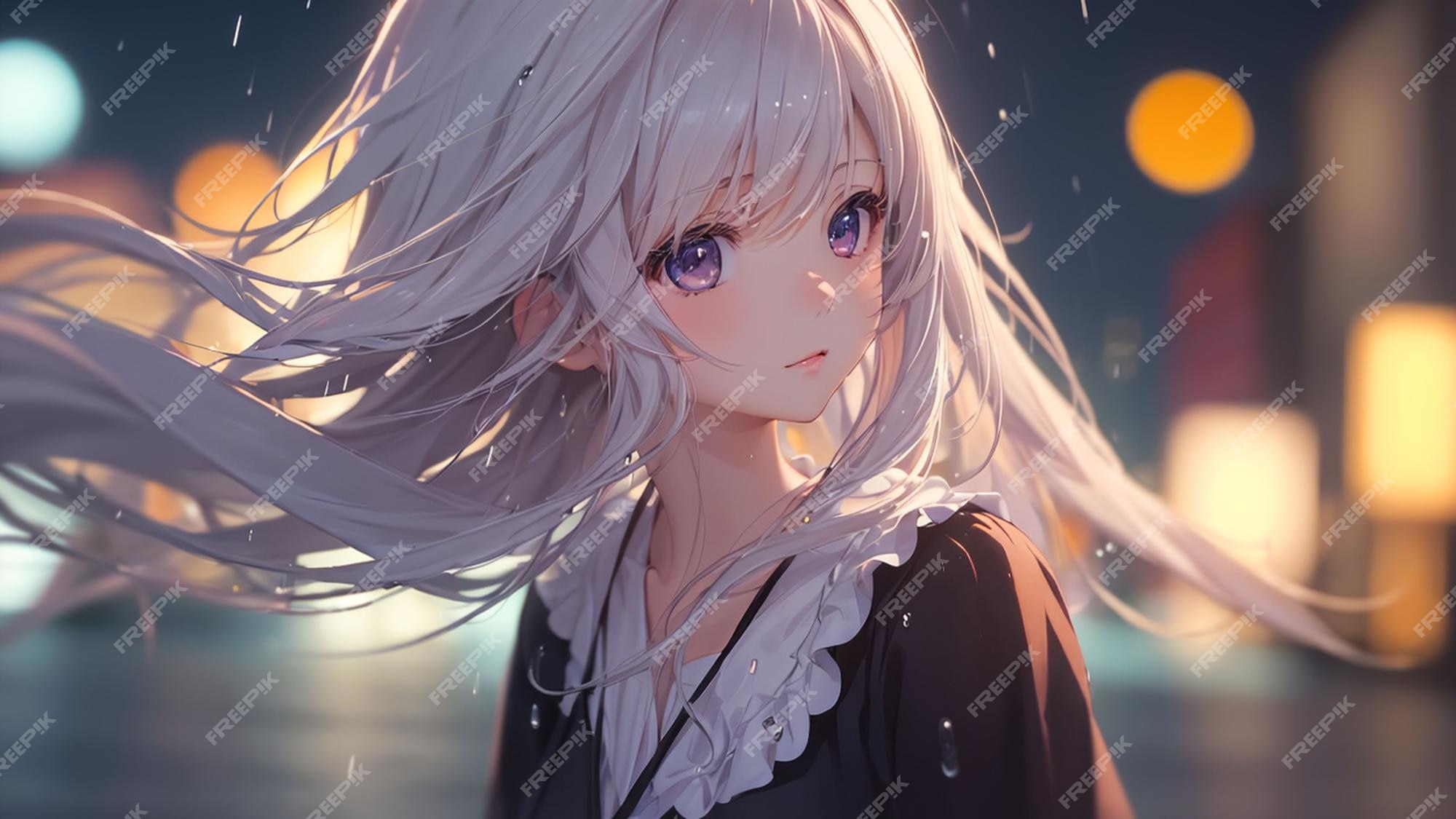 Arte de anime garota triste na chuva para papel de parede