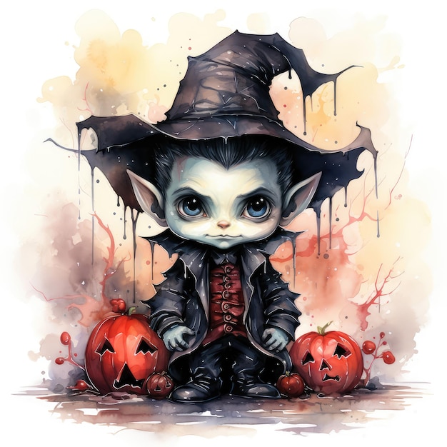 Arte de aquarela de Halloween de um menino em um traje de vampiro com abóboras