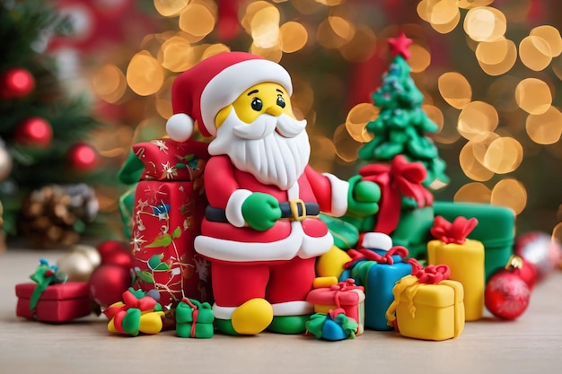 Arte de barro de um Natal mostrando um Papai Noel em torno de ornamentos de Natal