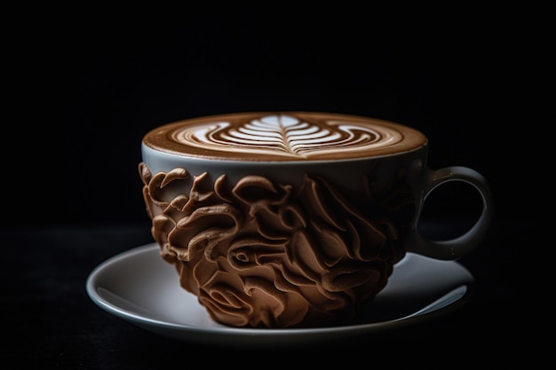 Arte de café com leite em copo de barro artesanal na cafeteria generativa ai