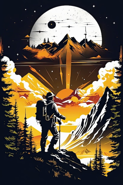 arte de camiseta design gráfico design plano de um trekker nas exuberantes montanhas da floresta