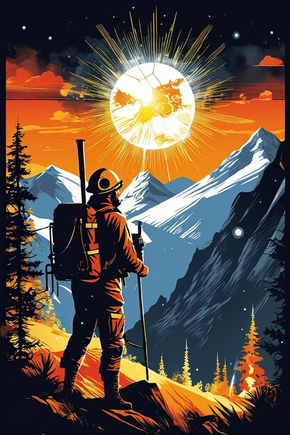 Foto arte de camiseta design gráfico design plano de um trekker nas exuberantes montanhas da floresta